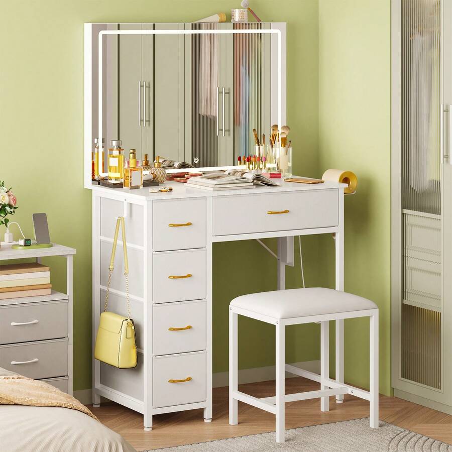 Tomnk 80cm Large Kids Vanity Table With 5 Fabric Drawers, White Children Makeup Dressing Desk With Stool, LED Lighted Mirror 3 Color Adjustable USB Powered, Ideal Gift For Girls, Modern Bedroom Furniture - US B Type Plug(110-127V) - View 1