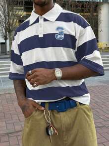 Men's Lightweight Retro Colorblock Wide Stripe Polo Shirt, Relaxed Fit, Clean Collegiate Style - Blue and White - View 2