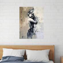 Enmarcado 1 Pieza de Pintura al Óleo de Pareja Abrazada Hecha a Mano - Obra de Arte Romántico Pintado con Espátula, Tono Gris Profundo, Decoración Minimalista para Pared, Ideal para Hogar, Boda, Aniversario - Elegante Abrazo de Pareja - Enmarcado - Ver 3