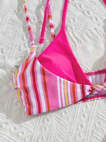 Onefish 1pc Colorful Striped Triangle Bikini Top, Gathering Design, Color Blocking, Knot Decor, Pink Summer Vacation Beach - Pink - View 5