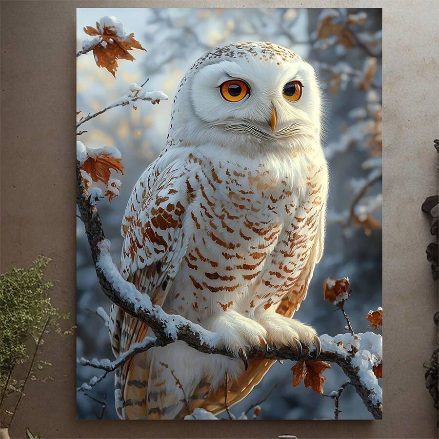 1 Póster Enmarcado de Búho Nival - Impresionante Pintura de Búho Invernal, Ideal para Regalos de Amantes de las Aves, Decoración Rústica - Marco de Madera Envolvente, Arte de Pared de Vida Silvestre, 2D Plano - Sin marco - Ver 1