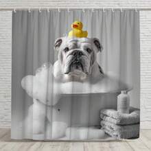 2D Flat  1pc A Bulldog-Themed Shower Curtain Featuring A Duck, Perfect For Adorning Your Bathroom. This Cute English Bulldog Design Is Made From Polyester Fabric, Measuring 70.8 By 70.8 Inches, And Comes With 12 Hooks. It'S Machine Washable - Only 1pc Shower Curtain - View 2