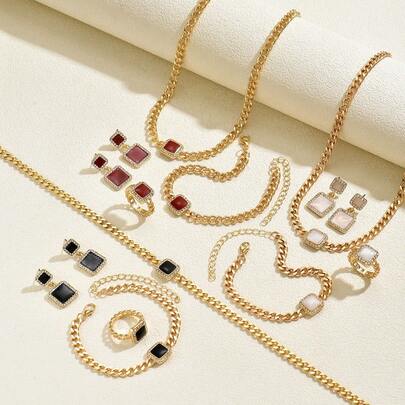 4件套时尚优雅高端珐琅水钻装饰项链、耳环、手链、戒指套装，适合女性作为派对、婚礼、晚宴礼物