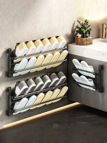 1 pieza Estante de zapatos montado en la pared, sin necesidad de perforar, estante de almacenamiento de zapatos de baño/lavabo de doble capa con función de drenaje, diseño plegable compacto para ahorrar espacio - Negro - Ver 4