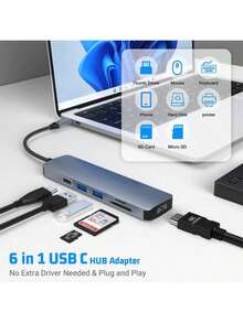 六合一 USB-C 集线器，支持 PD 充电、SD/TF 卡读卡器、USB 3.0 和 USB 2.0 端口，兼容 Type-C 笔记本电脑 - 查看 6