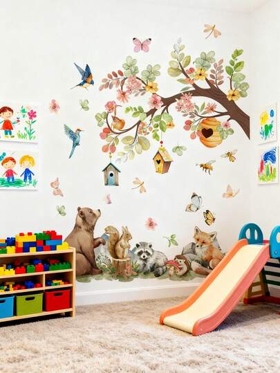 Hình dán tường động vật rừng màu nước, bồ công anh và hoa anh đào, giấy dán tường tự dính, tranh trang trí phòng trẻ sơ sinh cho bé gái, đồ trang trí phòng trẻ sơ sinh, đồ trang trí tiệc mừng em bé chào đời và đồ dùng tiệc tùng.