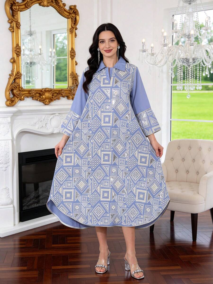 Đầm kiểu Ả Rập thêu hạt cườm bạc thanh lịch, đầm tay lỡ cổ bẻ kiểu Jalabia, trang phục mùa hè nhẹ nhàng và lãng mạn, đầm thời trang xuân hè 2026 dành cho nữ giới đầy duyên dáng.