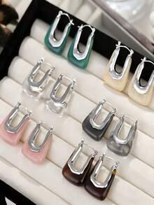 2/4pcs Set Elegant Retro U-Shaped Earrings, Gold-Tone Resin Inlaid - Fashionable Daily Accessory, Perfect Gift For Women - Multicolor - View 10