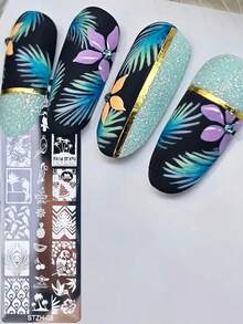 2 Tropical Plant Nail Printing Template, Parrot, Flamingo And Plant Fruit Nail Hot Stamping Plate, Easy To Clean, Reusable, DIY Nail Template Printing Mold Nail Tool - Silver - View 4