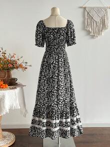 Rusttydustty 女士复古波西米亚碎花短袖收腰连衣裙，适合度假和日常穿着，春夏优雅风。 - 黑與白 - 查看 8