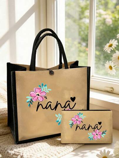 爱心娜娜图案手提包套装，轻便化妆品收纳包，旅行必备零钱包，手提包和化妆包套装，节日字母设计购物袋，适合婚礼、生日、海滩和假期，是送给家人和朋友的最佳礼物。这款大包装适合复活节、母亲节、独立日、婚礼季和毕业季。