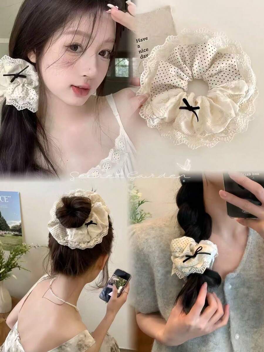 2个超大号发圈，复古蝴蝶结发绳，高弹力发饰，不伤发，旅行必备，马尾辫发圈，橡皮筋发带，发绳，弹性发圈 - 彩色 - 查看 1