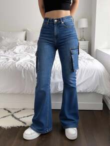 Jeans de Mezclilla Flare Cargo-Pantalón de Mezclilla Flare Cargo de Tiro Alto con Bolsillos Laterales - AZUL H005 - Ver 2