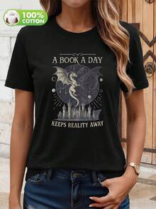 Fantasy Dragon City "Daily Good Book" Pattern Short Sleeve T-Shirt - Vintage Style, Dedicated To Book Lovers | Women's Pure Cotton T-Shirt - Black - View 5