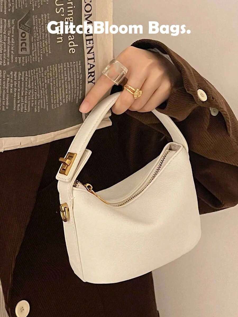 极简皮革单肩包 | 金属锁扣手提包 - 白色 - 查看 1