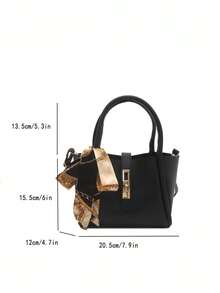 Adjustable Strap Handbag, PU Material, Solid Color, Top Zip Closure, Random Printed Pattern, Oiled Edge, Suitable For Women's Daily Use - Black - View 3