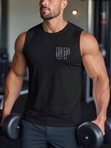 Camiseta de tirantes con estampado de lema motivacional de fitness, camiseta de cuello redondo para hombre de gimnasio y entrenamiento, estilo deportivo americano - Negro - Ver 3