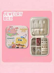 SpongeBob SquarePants 1 pieza Caja de joyería de cuero con 4 compartimentos con tema, caja de almacenamiento de joyas cuadrada de estilo anime de dibujos animados al azar, colorida y de lujo, con múltiples ranuras, antioxidante, minimalista y de moda, adecuada para escritorio de oficina, dormitorio, regalo del Día de San Valentín - Multicolor - Ver 6
