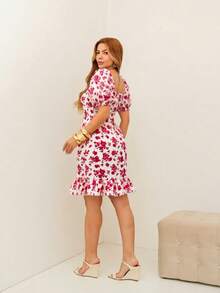 RAINBOW Women's Short Princess Floral Dress With Puff Sleeves And Elasticated Fabric - Elegant Fashion - One Size Fits 36-42 (Brazilian Sizes) - Crepe Fabric - 128-紅色 - 查看 2