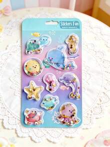 paquete de pegatinas con purpurina líquida brillante 3D, diseños lindos con brillos - Frutas tropicales, animales marinos, unicornios, postres, patrones de arcoíris pastel, pegatinas transparentes rellenas de líquido DIY para diario, planificador, álbum, decoración - Multicolor - Ver 8