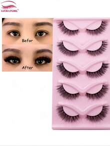 5 pares de pestañas postizas de ojos de gato 3D de visón falso, naturales, rizadas, gruesas y suaves que alargan las pestañas - Negro - Ver 4