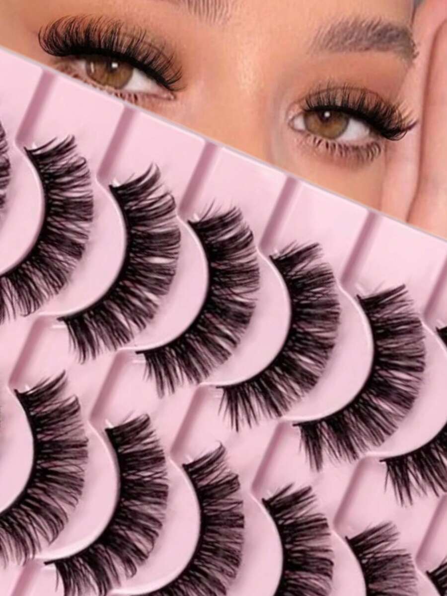 10 Pairs D Curl Russian Style False Eyelashes, Cat Eye Effect, Natural Fluffy Faux Mink Lashes, Thick & Long, Create Charming Lifted Eye Makeup - Black - View 1