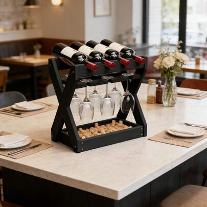 Countertop 3-In-1 HDPE Wine Storage Rack, X-Shaped Stable Construction, 304 Stainless Steel Hardware, Holds 4 Bottles 6 Wine Glasses & Accessories, Assembles Easily In 10 Minutes