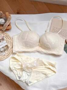 Front-Open Cross-Back Bra Set, Push-Up, Non-Wired, Comfortable, Breathable, Sexy Lace - Champagne - View 6