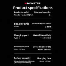 Monster Écouteurs sans fil MQT52, Bluetooth 5.4, conception intra-auriculaire, longue durée de vie de la batterie, latence de jeu ultra-faible d'environ 0,08 s, mode double pour le jeu et la musique, son stéréo Hi-Fi, écouteurs antibruit, haut-parleur de 13 mm, indice de protection IPX4, convient pour le jeu, les sports, les affaires, les études et d'autres scénarios. - Voir 10
