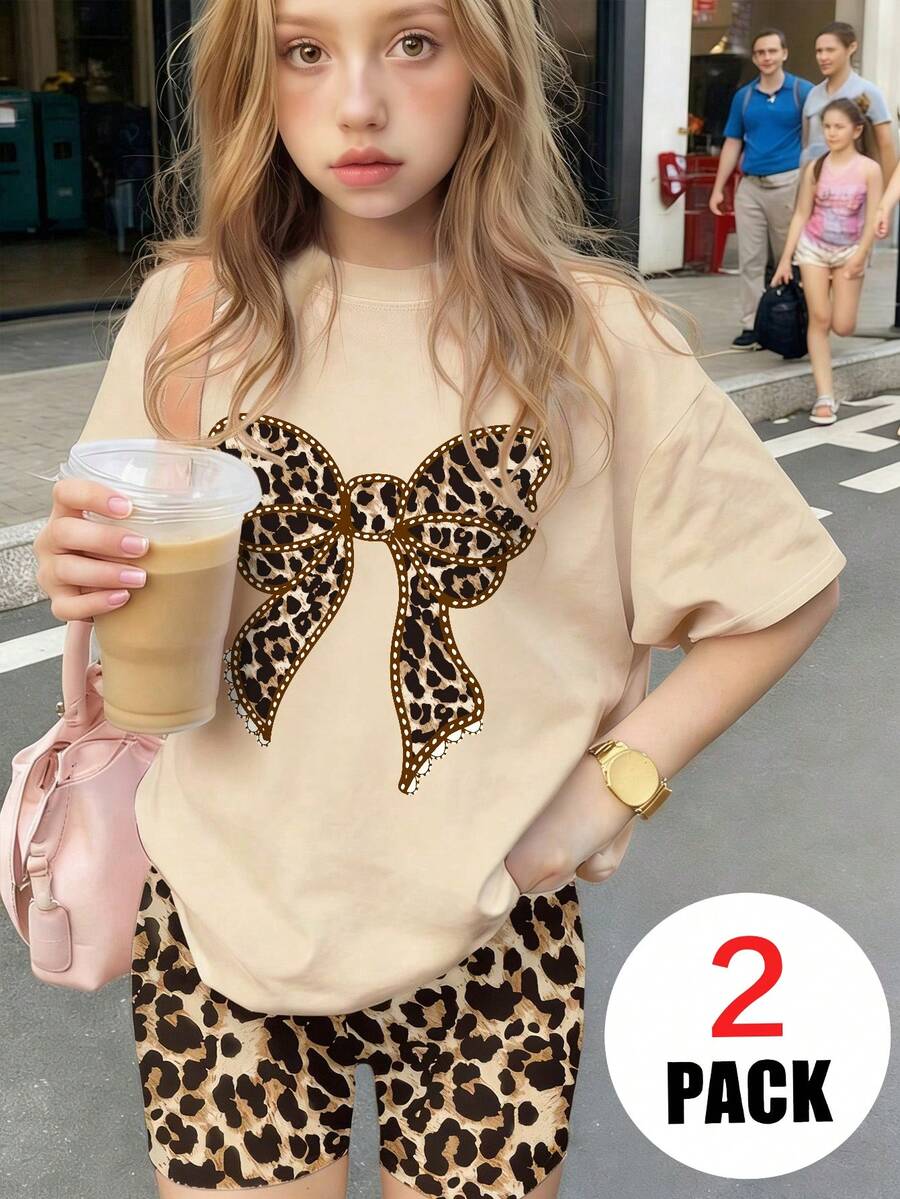 2pcs/Set Girls Leopard Print Bow Tee + All-Over Print Bike Shorts, Casual & Fashionable - Multicolor - View 1