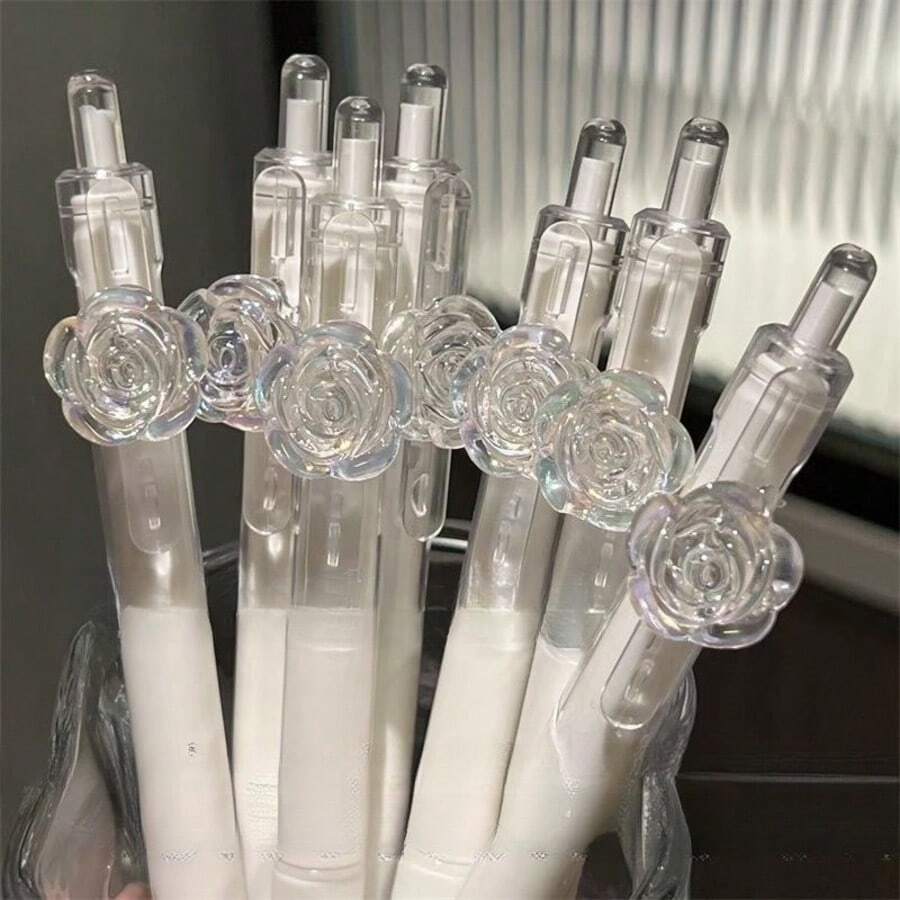 5支/套 随机花头按动式圆珠笔,2套/3套 书写流畅的圆珠笔,适合学生、考试、办公使用,耐用文具(黑色) - 透明玫瑰筆 - 查看 1
