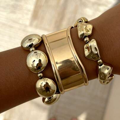 3pcs/Set Vintage Coin Stacking Bracelets, Elegant Geometric Asymmetrical Beaded Stretch Bracelets, Chunky Metal Wavy Cuff Bangles, Versatile Accessory Set For Holiday, Party, Daily Wear