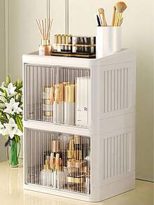 Multi-Functional Foldable Storage Box, Assembled Desktop Dual-Door Cosmetic Organizer Box, Large Capacity Waterproof Dustproof Plastic Storage Container, Suitable For Desktop, Bedroom, Bathroom, Jewelry, Cosmetics, Home Decor, Bathroom Decor - Multicolor - View 5