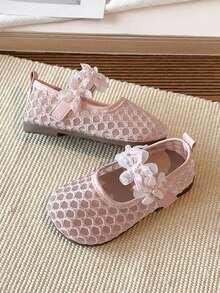 1 Pair Girls' Mesh Floral Hollow Breathable Casual Flat Shoes, Versatile Fashion Loose Toe Box Comfortable Daily Wear, Spring/Summer - Pink - View 13