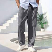 Men's Cotton Linen Pants Straight Leg Lightweight Breathable Comfortable Trousers Beach Style Solid Color Casual Cozy Sweatpants - 海軍 - 查看 1