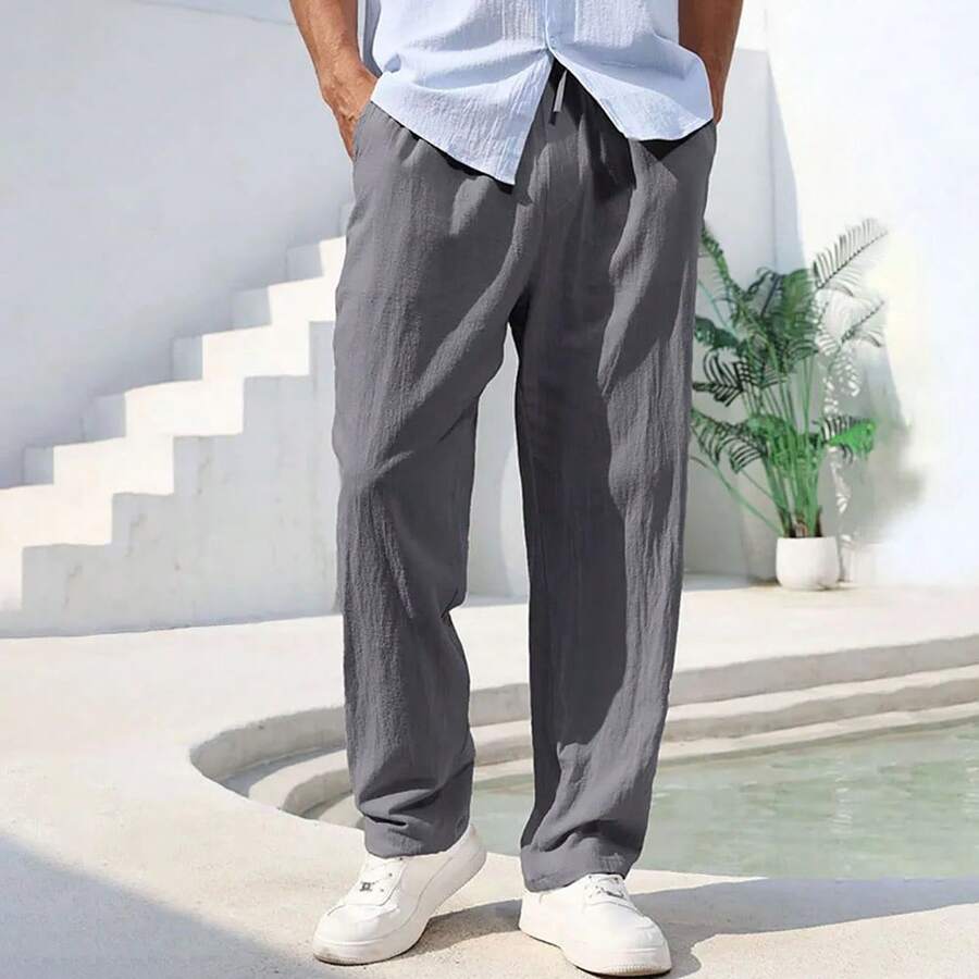 Men's Cotton Linen Pants Straight Leg Lightweight Breathable Comfortable Trousers Beach Style Solid Color Casual Cozy Sweatpants - 海軍 - 查看 1