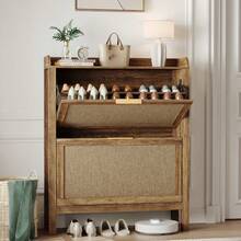 Platzsparender schmaler Schuhschrank aus Rattan im Landhausstil – 32 Zoll – 2 Klappfächer – Höhenverstellbare Einlegeböden – Holzfüße – Perfekt für kleine Räume – Flur Schuh Organizer - Grau - Übersicht 5
