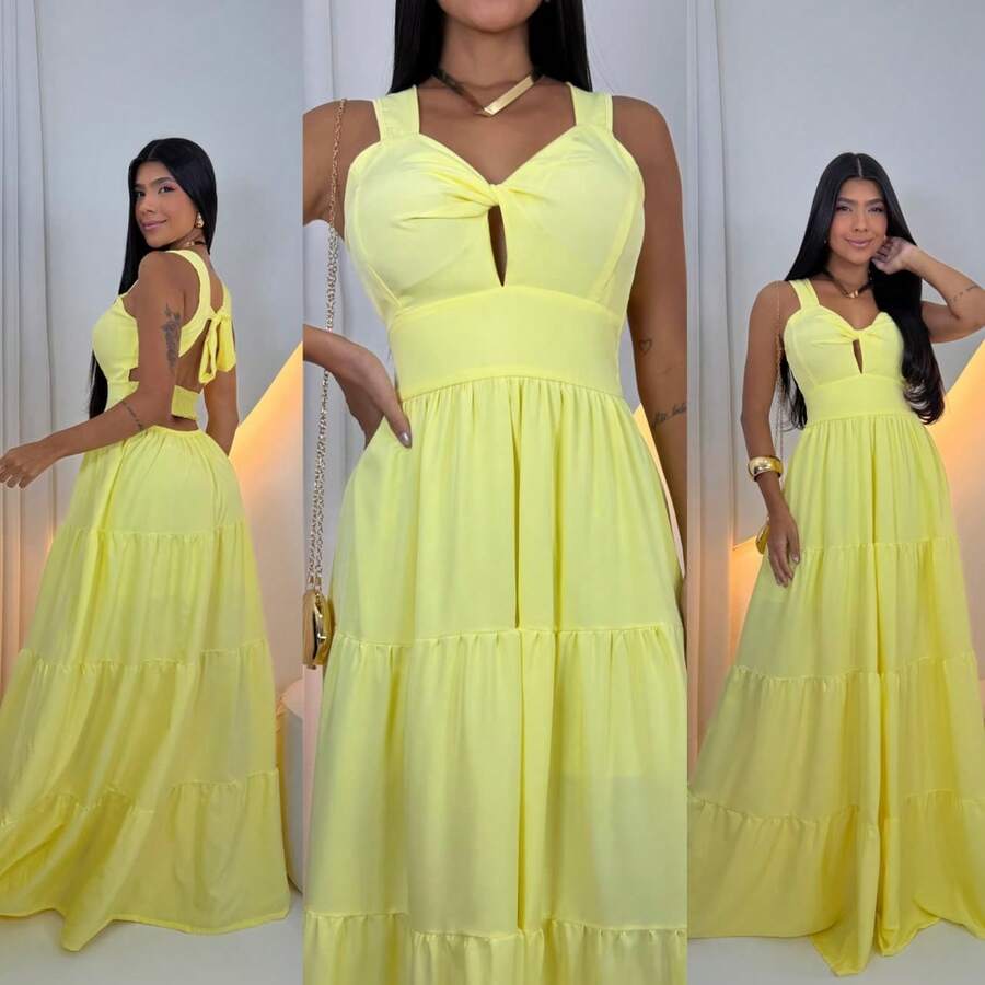 Women's Long Dress With Butterfly Knot - Yellow - View 1