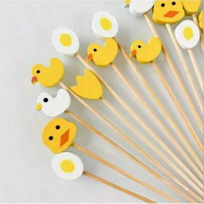 10pcs/20pcs/50pcs/100pcs/200pcs Rubber Duck Fruit Picks, Flower Bamboo Toothpicks, Cocktail Sticks, Fruit Skewers, Cupcake Toppers, Sandwich Picks, Birthday Party, Wedding & Bridal Shower, Celebration Cocktail Sticks, Kitchen, School Supplies, Food And Beverage Decoration Fruit Appetizers, Desserts And Snacks