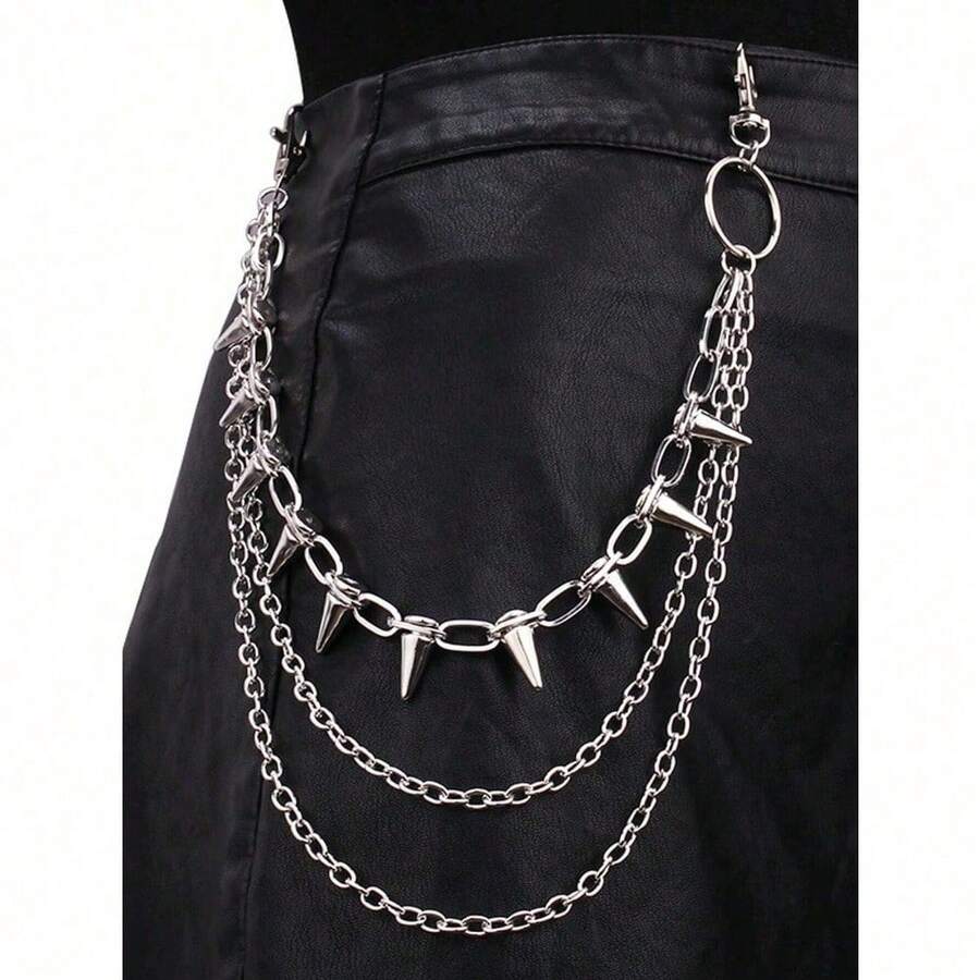ROMWE Grunge Punk 1pc Multi-Layer Alloy Stud Decor Waist Chain, Edgy Alternative Rock Statement Accessory, Adjustable Layered Metal Belt With Pyramid Spikes, Gothic Hip Hop Streetwear Waist Jewelry For Jeans Pants Dresses Concerts Daily Wear - 銀色 - 查看 1