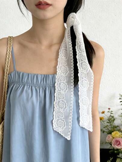 新款玫瑰花刺绣蕾丝围巾，韩式丝带发带腰带多功能装饰围巾，女士春夏款