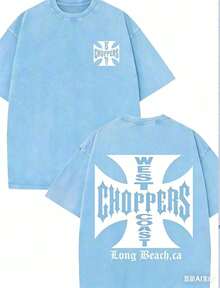 WEST COAST CHOPPERS Retro Streetwear T-Shirt - 230g Washed Cotton, Double-Sided Print, Loose-Fitting Drop-Shoulder Short-Sleeved T-Shirt With A California Long Beach Graphic. Perfect For Casual Summer Wear And As A Gift. High-Quality Fabric, Versatile Printed T-Shirt. - Màu xanh da trời - Xem 3