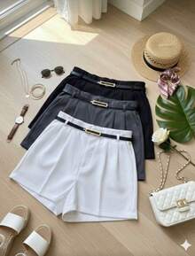Set Of 3 Plus Size Tailored Shorts For Women With Belt - Summer 2026 - đen/xám/trắng - Xem 2