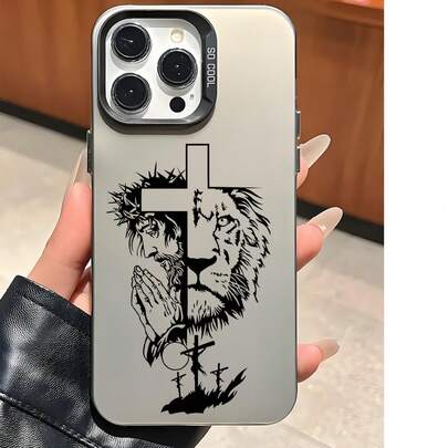 Ốp điện thoại thời trang 1 chiếc, tương thích với iPhone 17/16/15/14/13/12/11, chống rơi vỡ, chống trầy xước, chất liệu TPU mờ, phong cách tôn giáo Cơ đốc giáo, in hình Chúa Giêsu, Sư tử của Giuđa và Thánh giá, màu xám bạc mỏng.