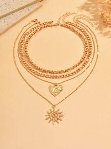 4件套时尚多层金链项链，配心形和太阳吊坠，优雅女士颈饰，适合日常佩戴、度假、派对和约会 - 金色 - 查看 2