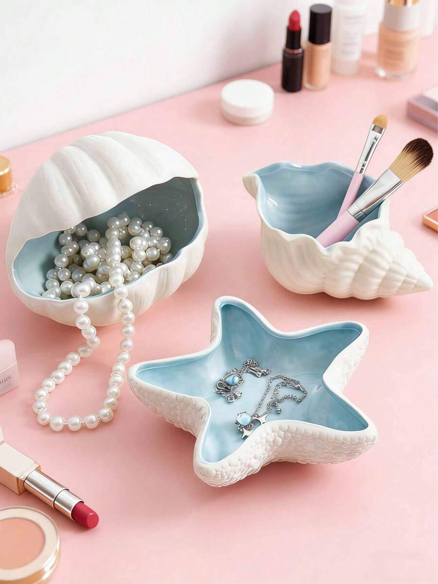 3pcs Decorative Ceramic Jewelry Tray Set, Shell & Starfish Shaped Dishes, Ceramic Ring & Earring Holder Organizer, Ocean Theme Decor Plate For Rings, Earrings, Necklaces, Bracelets, Watches, Keys, Suitable For Bathroom, Bedroom, Office, Home Decor - Multicolor - View 1