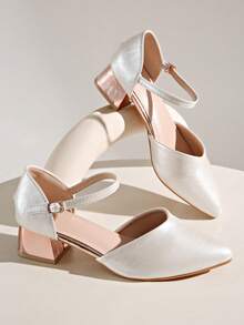 女士香槟色尖头单带粗跟镂空玛丽珍鞋，法式通勤鞋，伴娘婚鞋 - 香檳色 - 查看 5