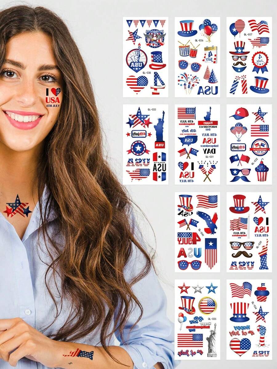 10张美国独立250周年纪念彩妆脸部贴纸，防水临时纹身贴纸，用爱国情怀点燃节日气氛。节日贴纸、活动装饰、庆典艺术、趣味设计、高品质印刷、耐用贴纸、节日纹身、爱国庆典、活动策划 - 彩色 - 查看 1