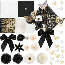 55 Pcs Gold DIY Graduation Cap Decorations Faux Assorted Flowers Bows 3D Butterfly Stickers Glitter Alphabet Letter Number Decals For DIY Hat Grad Cap Topper Graduation Party Supplies - Black - 查看 1