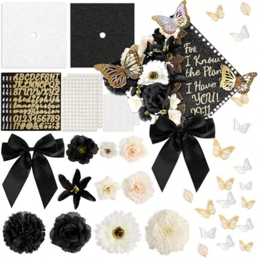 55 Pcs Gold DIY Graduation Cap Decorations Faux Assorted Flowers Bows 3D Butterfly Stickers Glitter Alphabet Letter Number Decals For DIY Hat Grad Cap Topper Graduation Party Supplies - Black - 查看 1